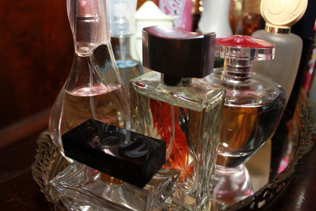 Perfume bottles displayed on a tray